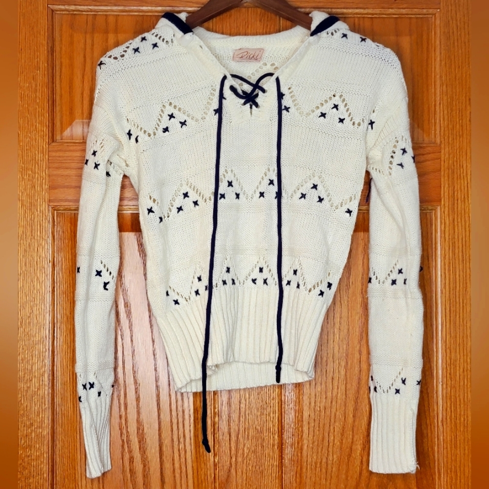 VTG 70's Ricki Hooded Pullover Sweater Ivory and Navy Sz M (modern XS-S)